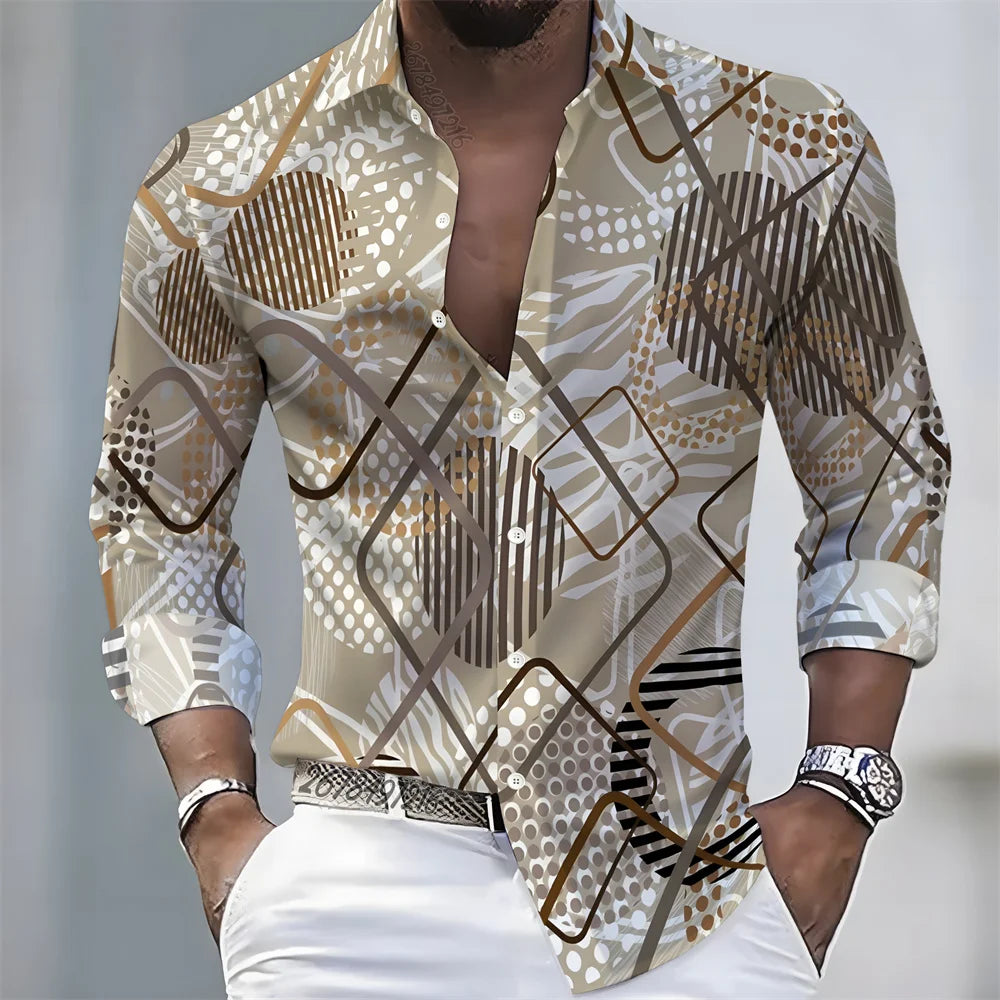 Men's Retro Color-Blocked Floral Print Long-Sleeve Shirt with Paisley Pattern Design, Casual Top for Spring and Autumn