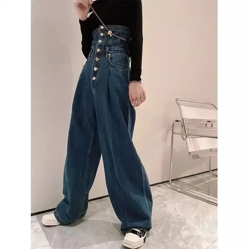 French dark blue breasted high waist jeans women's spring and autumn new large size loose slim high design straight wide-leg pan