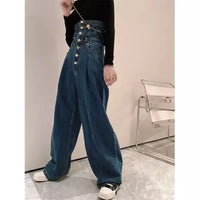 French dark blue breasted high waist jeans women's spring and autumn new large size loose slim high design straight wide-leg pan