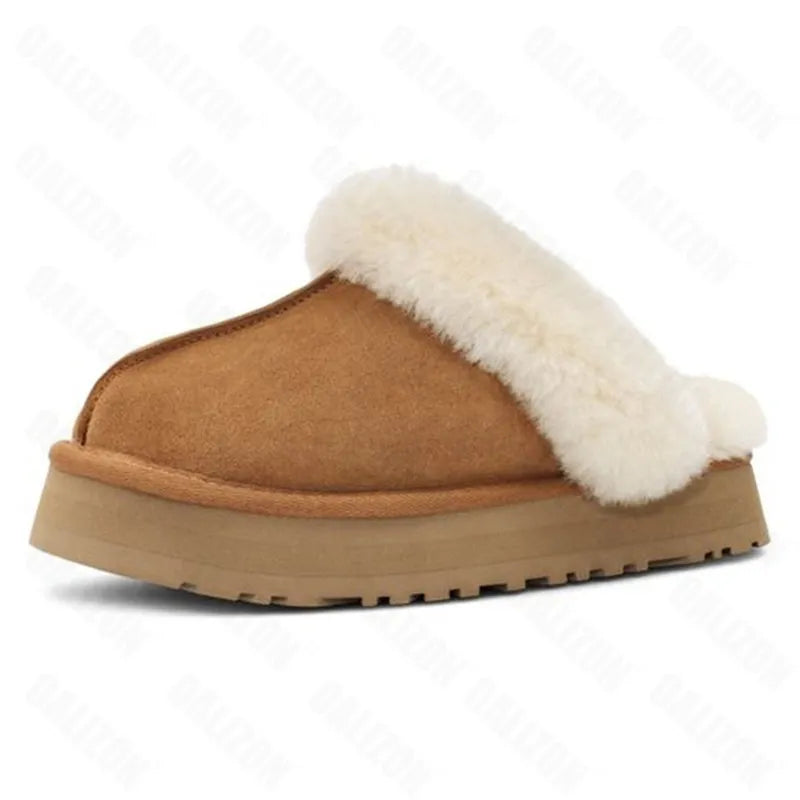 Winter Women Fur Slippers Warm Boots Platform Flip Flops 2022 New Short Plush Flats Home Cotton Shoes Suede Mules Ladies Boots