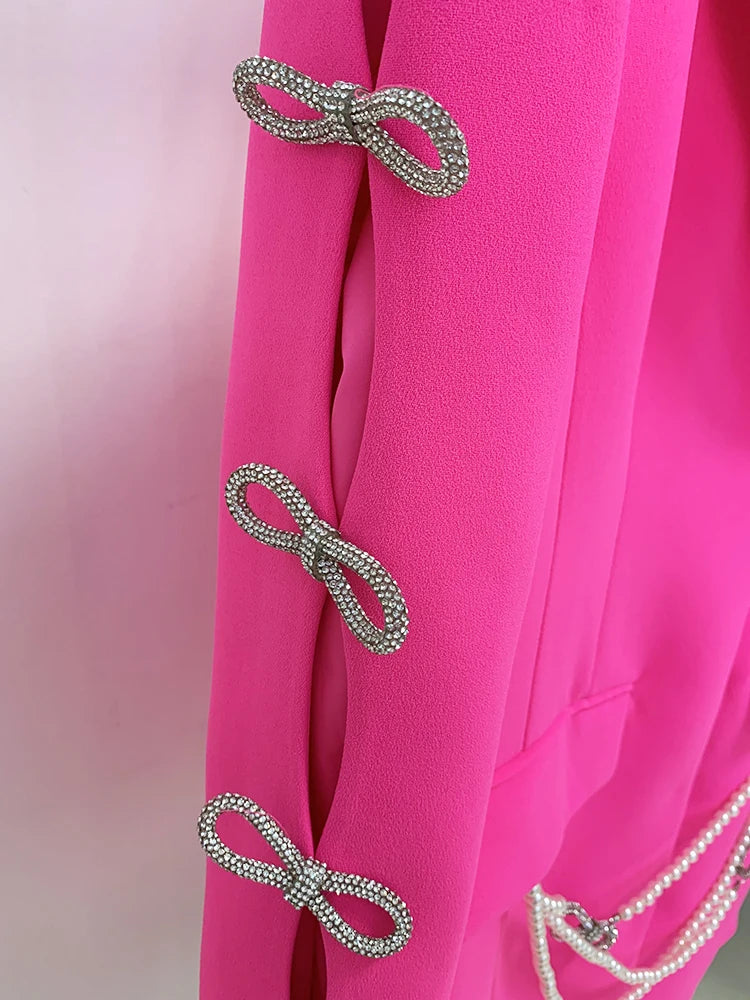 HIGH STREET Newest 2025 Designer Stylish Fashion Women's Pearls Chain Diamonds Beaded Hollow Out Bow Sleeve Blazer Dress