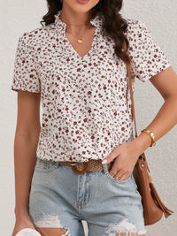 Ladies Ditsy Floral Frill Trim Notch Neck Puff Sleeve Blouse Women Tops Shirts