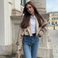 Khaki Cropped Trench Women Long Sleeves Cropped Design Jacket Chic Lady High Street Casual Loose Coats Top Female 2023 New