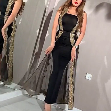 Two Piece Set Sexy Night Club Strapless Dress Women Slim Fit Sheath Perspective Mesh Split Shawl Bodycon Party Prom Vestidos