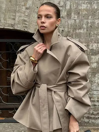 Women V-neck Lapel Belt Trench Coat Fashion Lace Up Full Sleeve Button Short Thin Windbreak 2025 New Lady Daily Street Outerwear