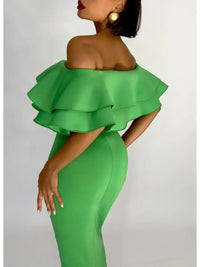 Green Bandage Dress Midi Elegant Woman Dress for Party Ruffle Sexy Off Shoulder Evening Birthday Club Outfit 2023 Summer