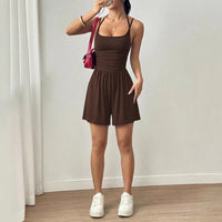 Spring And Summer Women's Fashionable Sleeveless Jumpsuit, Casual Adjustable Shoulder Strap Pleated Slim Short Jumpsuit
