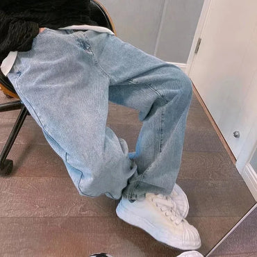 Baggy Jeans Men's Casual Wide Leg Straight Denim Pants Fashion Korean Style Hip Hop Streetwear Solid Color Casual Trousers Blue