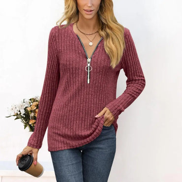 Women's Chest Zipper Pleated Long Sleeve T-Shirt Top Commute Style Iron-Free Processing Pure Color Other 100% Fabric