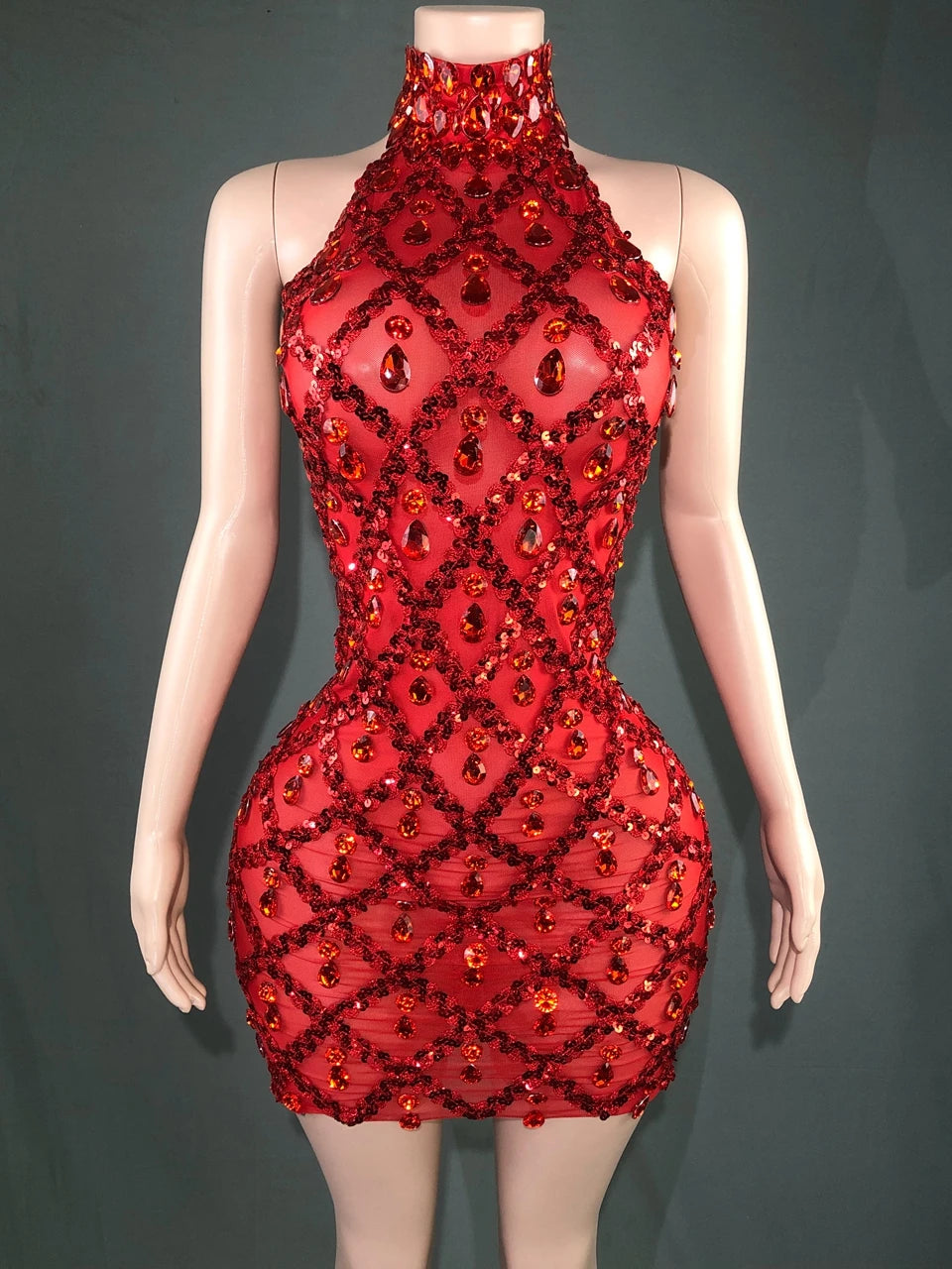 Sparkly Rhinestones Short Dress for Women Sexy Mesh Transparent Celebrate Evening Prom Event Birthday Dress Photo Shoot Wear