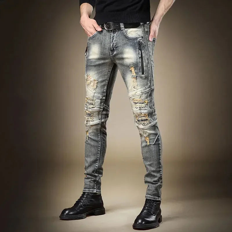 Broken Man Cowboy Pants with Holes Ripped Pockets Torn Tapered Jeans for Men Trousers Classic High Quality 2025 Trend Stacked Xs