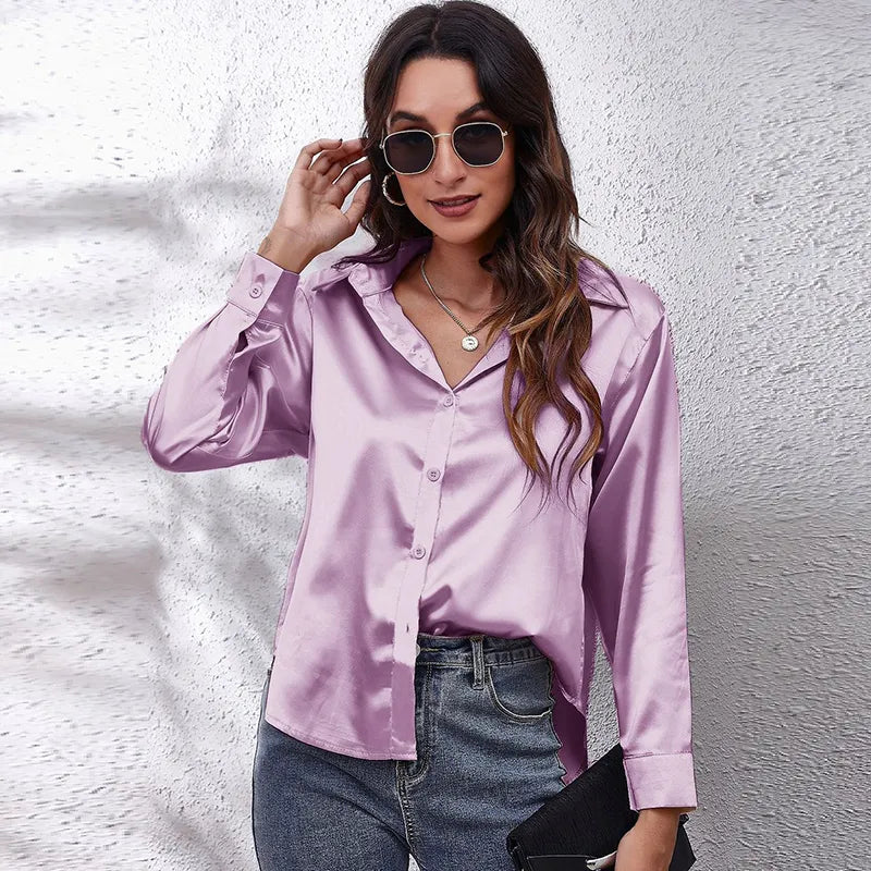 Women Satin Shirt 2023 Summer Silk Office Work Button Lapel Long Sleeve White Shirt Formal Dress Retro Casual Loose Solid Color