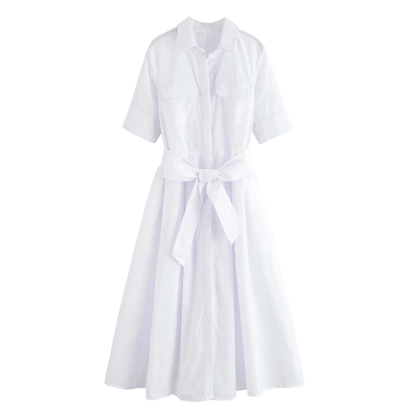 HH Women Fashion Lapel Short Sleeve Pocket Single-Breasted Belt Decorate Midi Dress Female Summer Elegant Slim Pleated Dress