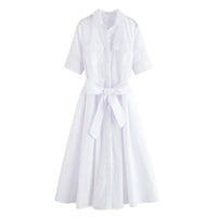 HH Women Fashion Lapel Short Sleeve Pocket Single-Breasted Belt Decorate Midi Dress Female Summer Elegant Slim Pleated Dress