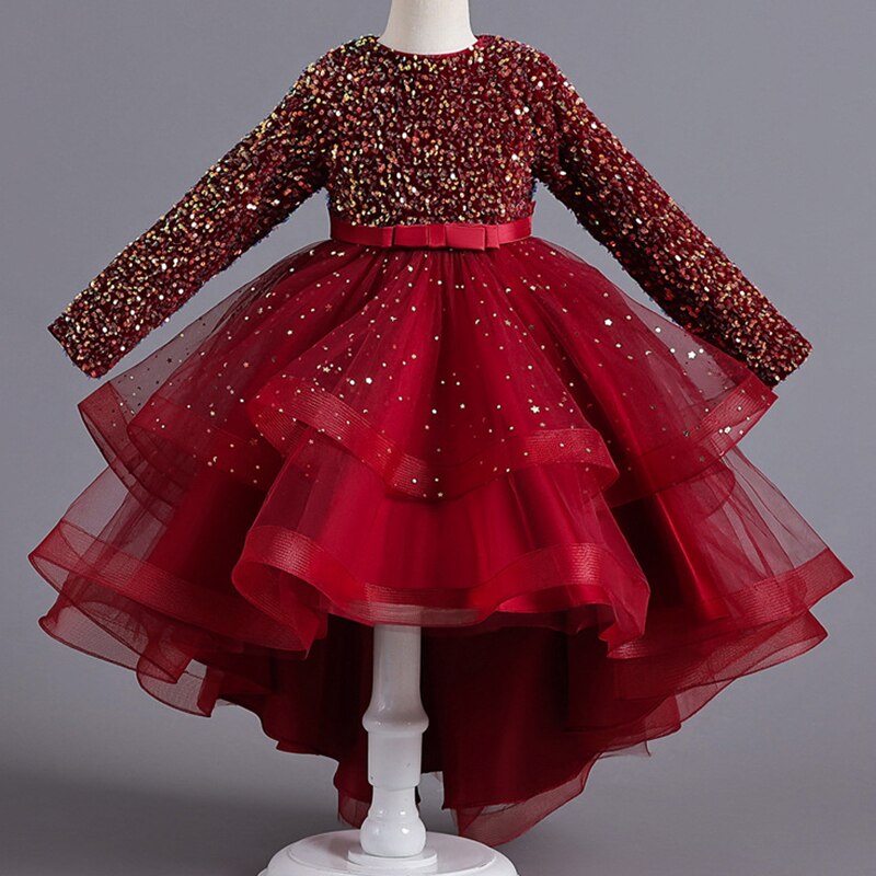 Formal Bridesmaid Long Sleeve Red Trailing Party Dress For Girls Princess Birthday Sequin Prom Gown Children Evening Kids Clothe