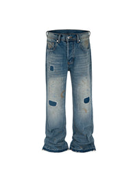 MIJKO Washed Frayed Vintage Jeans Pants Mens Straight Retro Casual Denim Trousers Cargos FJ069