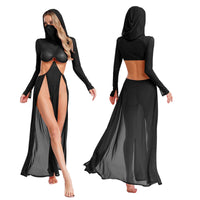 Women Sheer Dress with Hooded Face Mask Maxi High Slit Sexy Mesh Dress Long Sleeves Hollow Out Sheer Dress Cover Up Swimwear
