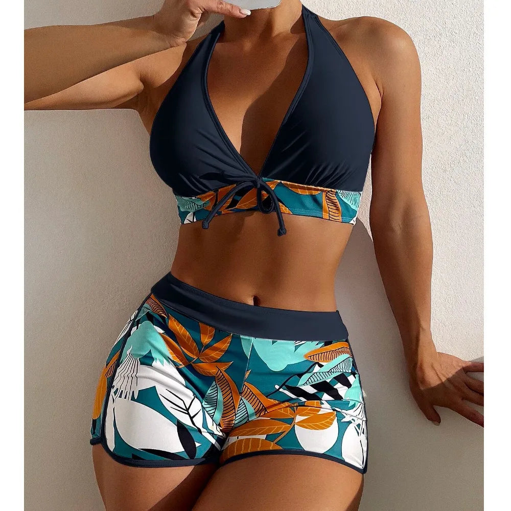 2026BHalter Bikini Set Short Swimsuit Women High Waist Swimwear Female Printed Bathers Swimming Bathing Swim Suit BeachwearNew