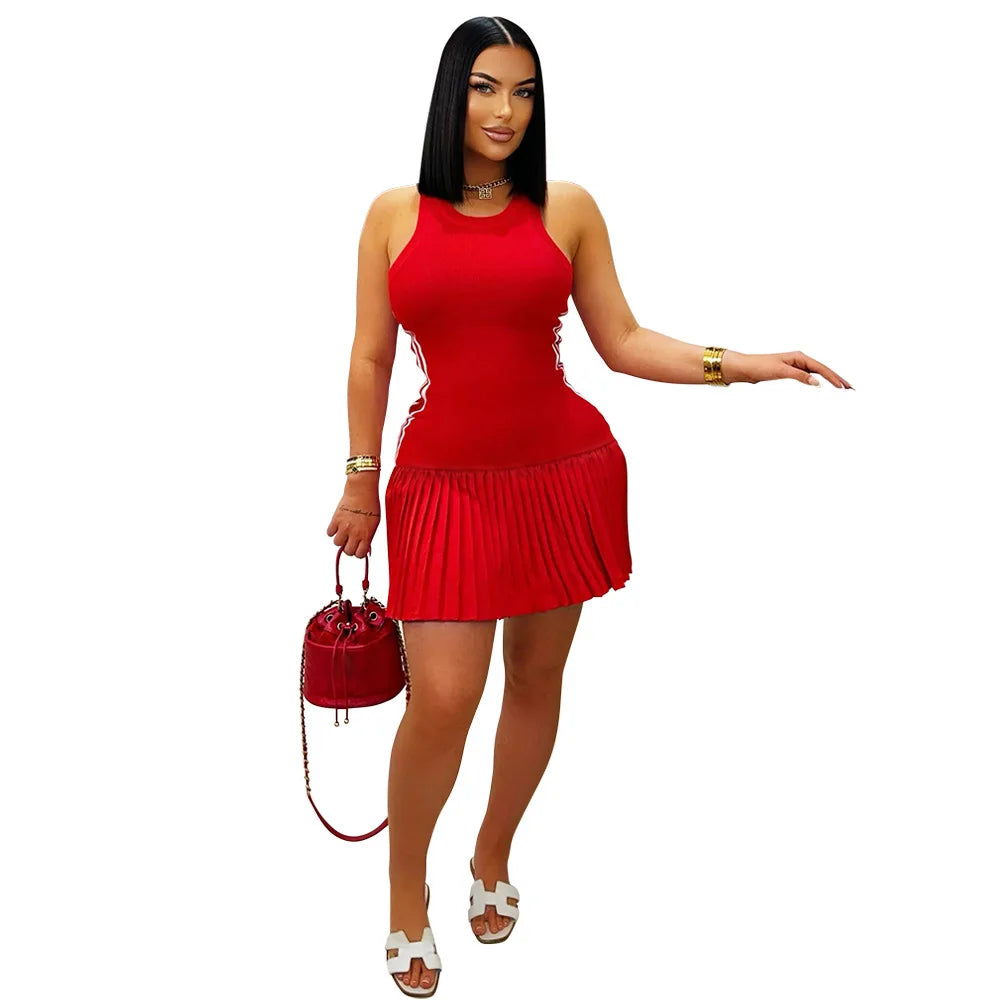 Women's Sleeveless Side Striped Stretch Pleated Mini Dress for 2025 Summer Sexy Casual Short Dresses Sports Streetwear Clothing