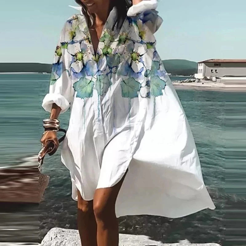 Spring Summer Women Loose Shirt Dress Casual Long Sleeve Printed V Neck Beach Shirt Dresses