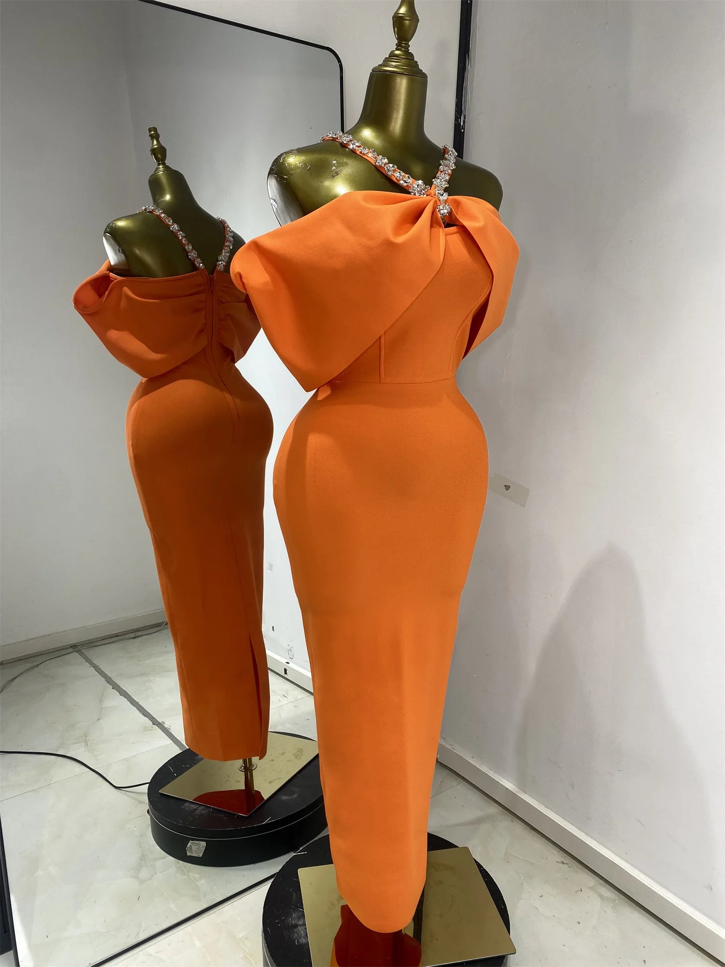 Women Luxury Orange Crystal Halter Off Shoulder Long Bandage Dress One Piece Celebrity Evening Club Party Dresses Wholesale