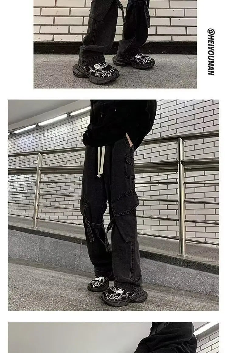 2025 Mens Workwear Jeans Multiple Pockets Loose Straight Leg Spring Autumn Wide Casual Pants  Street Fashion Long Trousers