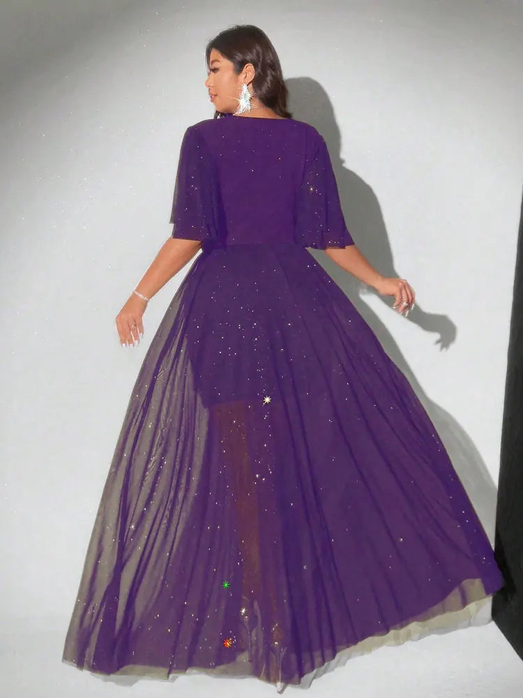 New Plus Size Sexy Deep V-Neck Mesh sequins A-line Hem Stitching Lining Dress Retro Flared Sleeve High Slit Skirt Evening Dress