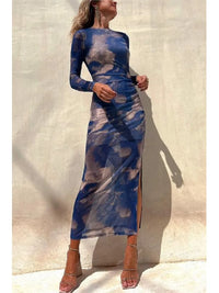 Tie Dye Printed Mesh See-through Maxi Dresses For Women Sexy Slim Slit Party Evening Dress 2023 Spring New Fashion Club Vestidos