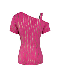 Women's T-shirt Spring Summer Hot Pink Gold Stripe One Shoulder Cutout Twist Front Valentine's Day Sexy Party Top