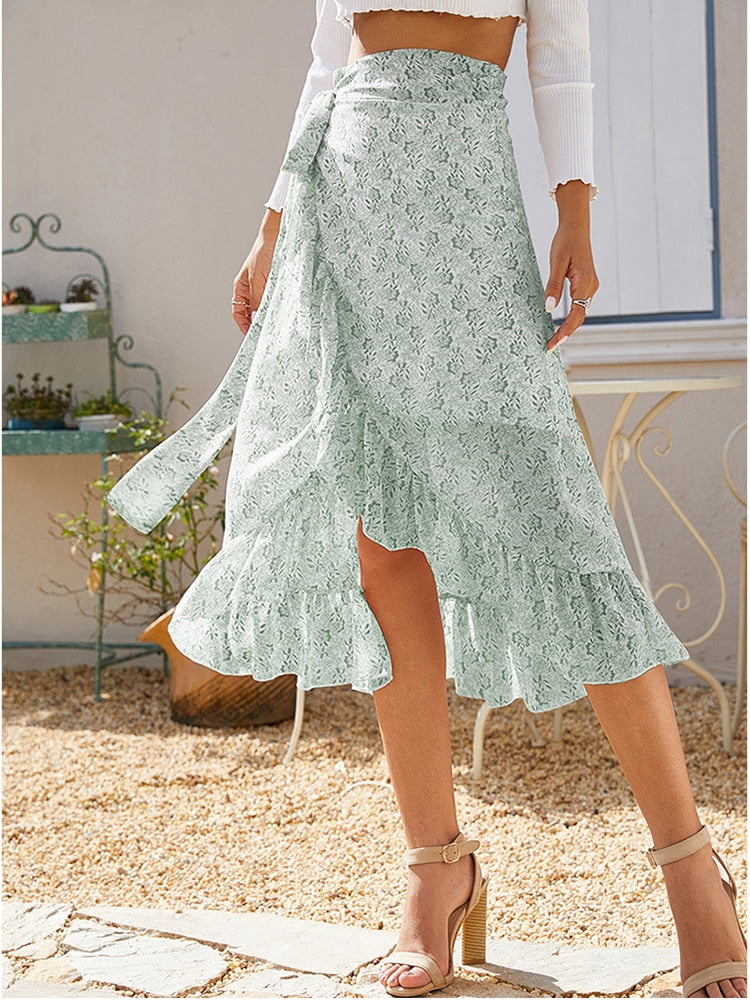 Woman Skirts High Waist Fashion Long Black Knotted Tied Wrap Floral Ruffle Chiffon A Line Split Skirt 2022 Spring Summer Clothes