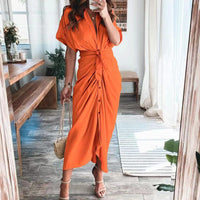 Elegant Women Dresses 2023 Summer Fashion Printed Short Sleeve Shirt Dress Vintage Waist Tie-up Button Bandage Long Dress Robe