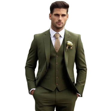 Tailor Elegant Men's Suits Green Blazer Single Breasted Notched Lapel Flat Regulat Full Set Skinny 3 Piece Jacket Pants Vest