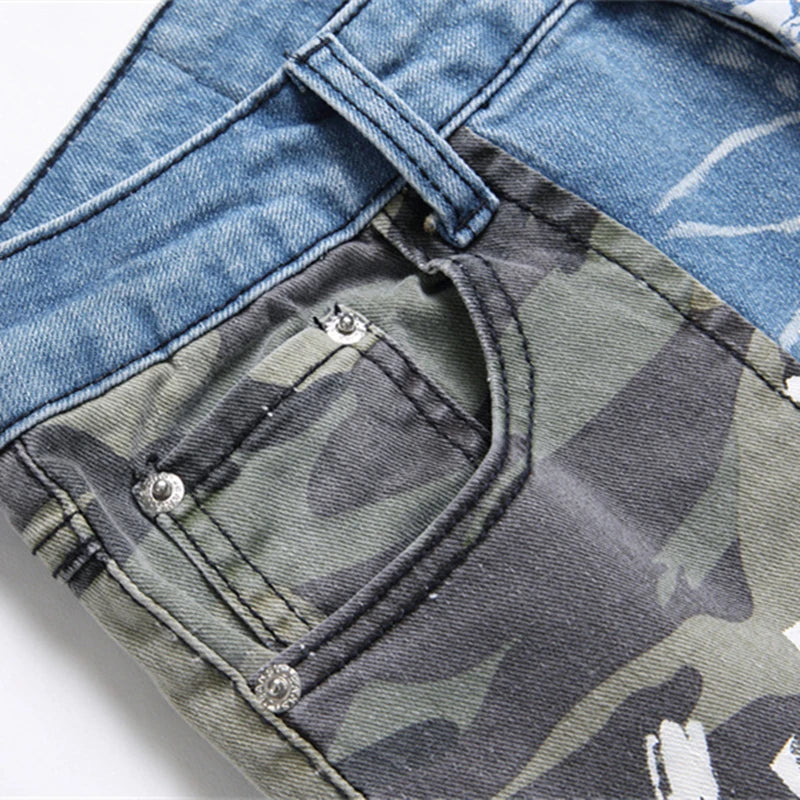 New 2024 Fashion Camouflage Matching Color Jeans Mid-Waist Hole Three-Dimensional Pocket Men's Printed Casual Pants