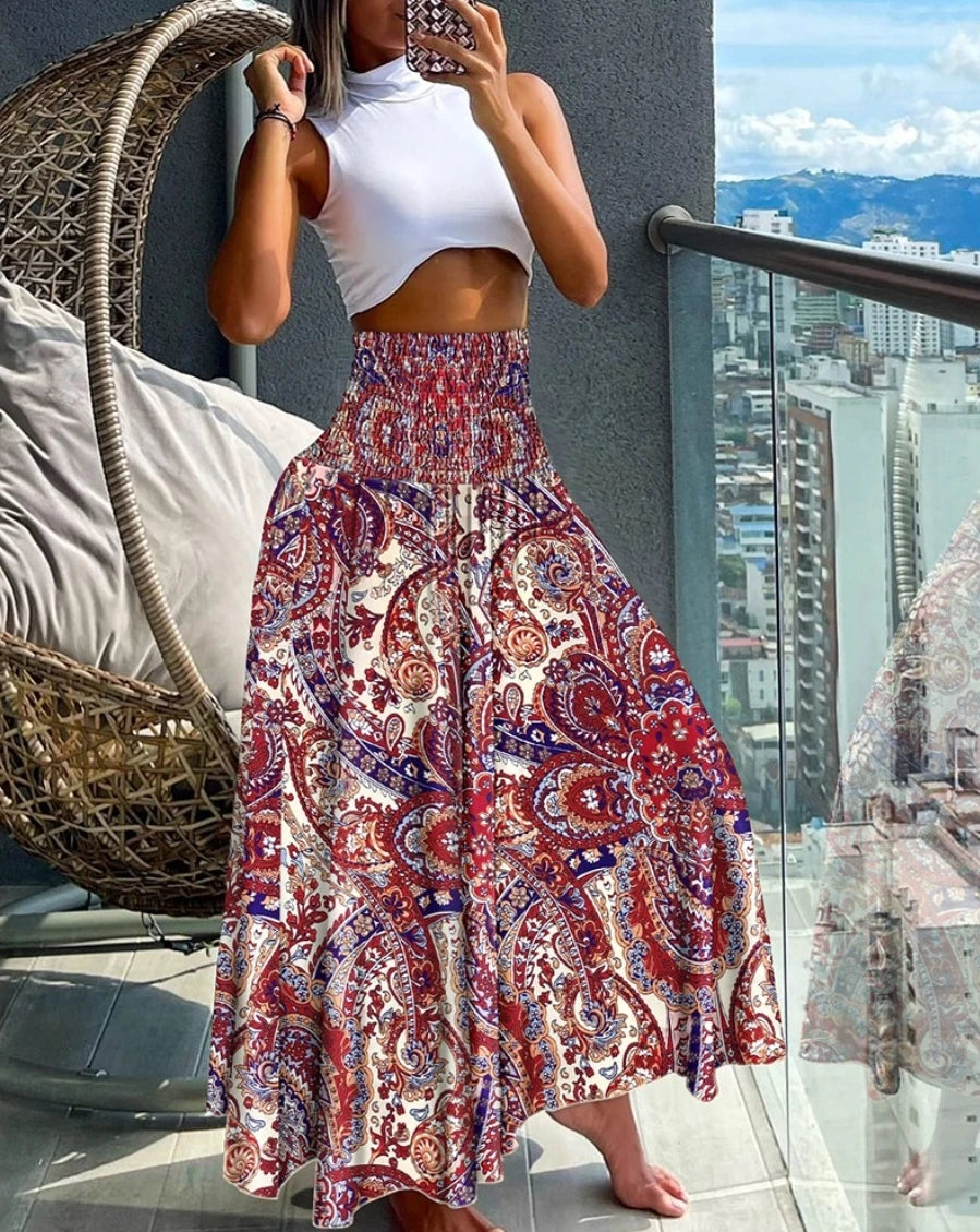 Fashion Cotton Women Floral Print Skirt Side Tie Beach Skirts Summer High Waist Wrap Flower Long Skirt
