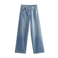 HH Women's Street Fashion Wide-leg Jeans Double-clad Pants With Pockets High Waist Solid Asymmetric Retro Straight Trousers