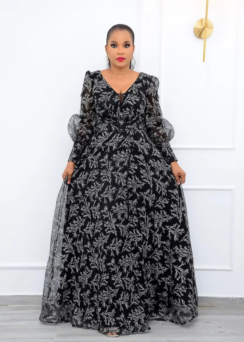 African Dresses for Women Summer 2021 African Women V-neck Long Sleeve Plus Size Long Dress Maxi Dress African Clothes Women