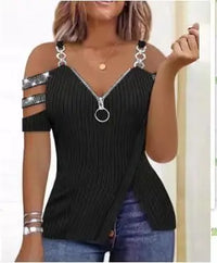Blusas Para Mujer Print Zip Detail Split Hem Shoulder Top Women Short Sleeve Spring Summer T Shirt Tops Blouse Women Clothing