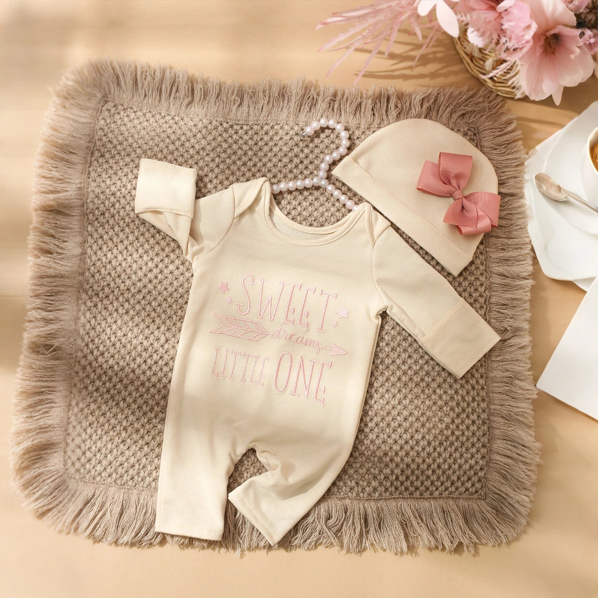 Ylsteed Newborn Photography Romper Jumpsuit with Bow Hat 'Hello World' Embroidery Infant Props for Coming Home Outfit Baby Gift