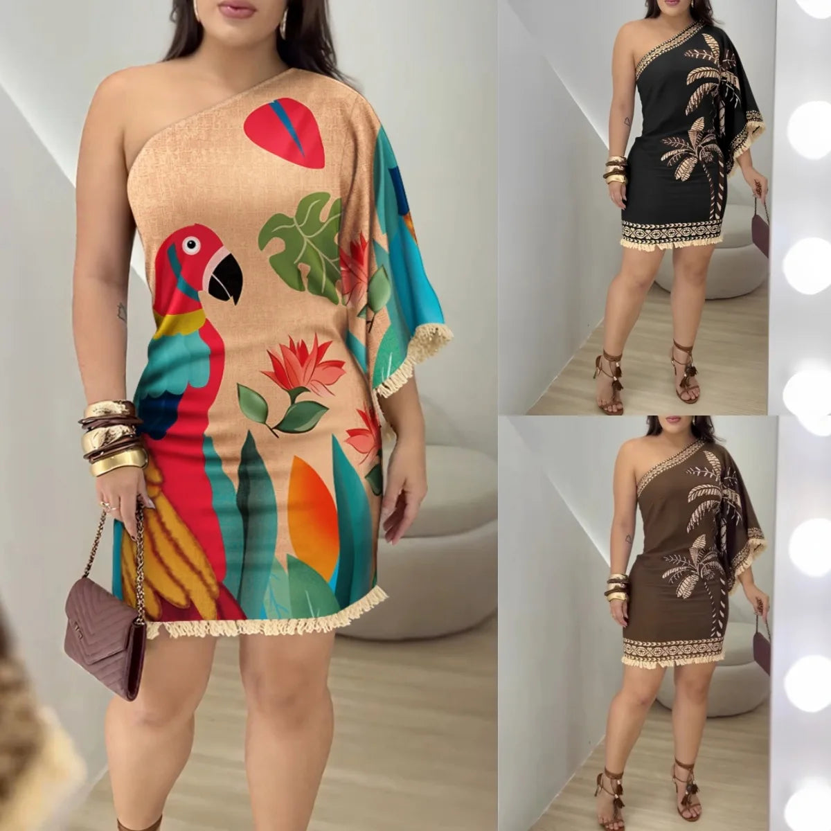 2025 Summer Women's Clothing New Tassel 3d Pattern Asymmetric Dress Sexy Slanted Collar National Style Casual Print Mini Dresses