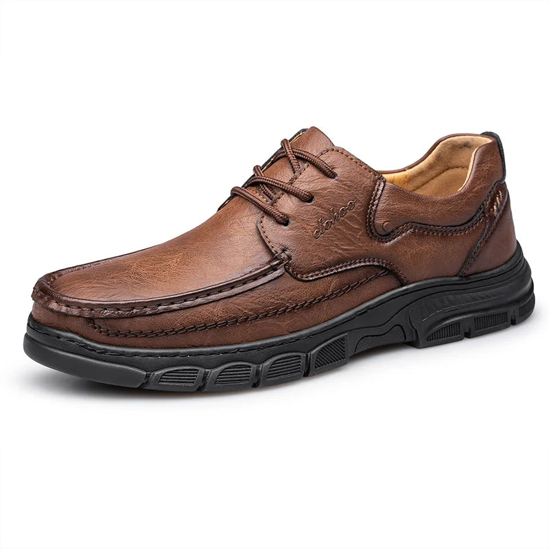 CLOHOO Men's Handmade Thick Rubber Bottom Breathable Casual Leather Shoes Classic Sewn Loafers Comfortable Leisure Footwear