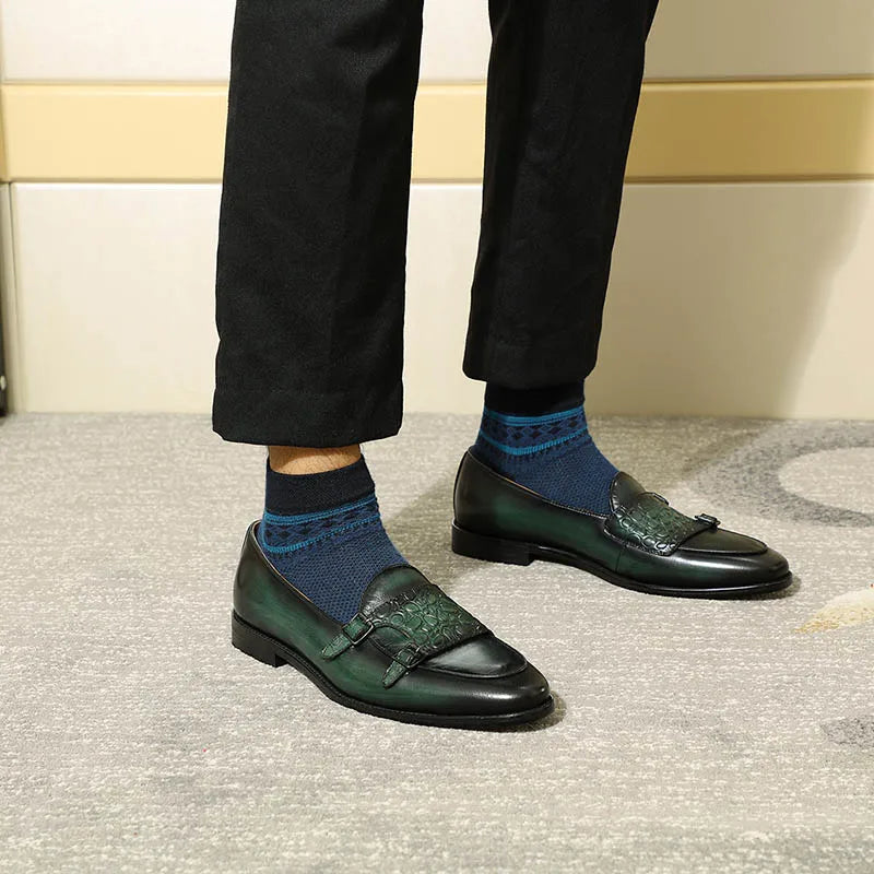 Luxury Men's Genuine Cow Leather Dress Shoes Green Black Slip-on Loafer Monk Strap Buckle Casual Business Wedding Footwear