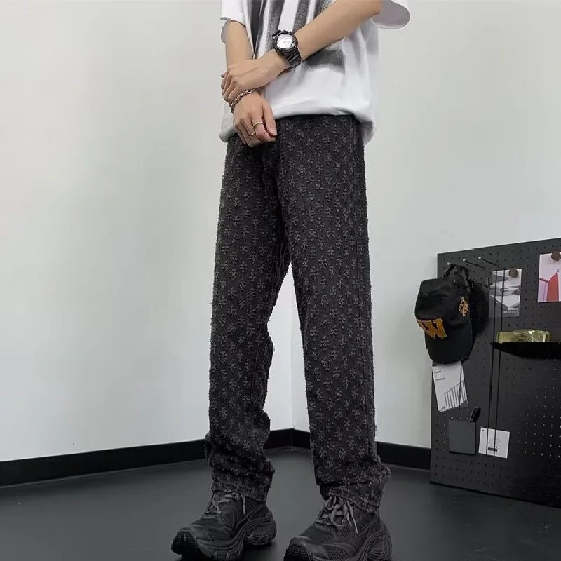 Jacquard All Over High Street Jeans Mens 2024 New Straight Lift Pattern Loose Wide Leg Jeans Casual Boyfriend Jeans Pants Tide