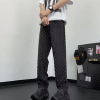 Jacquard All Over High Street Jeans Mens 2024 New Straight Lift Pattern Loose Wide Leg Jeans Casual Boyfriend Jeans Pants Tide