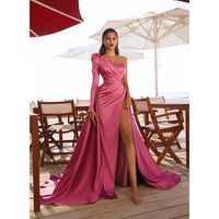 Simple Rose Pink Mermaid Side Split Prom Dresses African Saudi Arabia Train One Shoulder Long Sleeves Evening Gown Satin Pleated