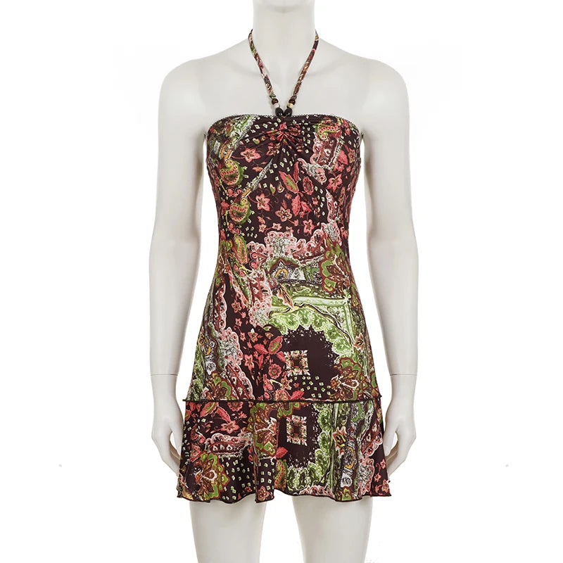 SUCHCUTE Chic Romantic Print Halter Dress For Women Sexy Sleeveless Backless Mini Dress Fashion Holiday Clothes Summer Beach