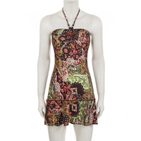 SUCHCUTE Chic Romantic Print Halter Dress For Women Sexy Sleeveless Backless Mini Dress Fashion Holiday Clothes Summer Beach