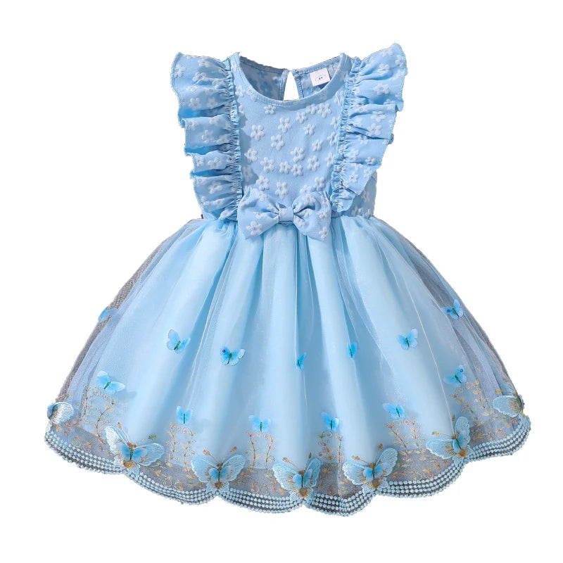 Dress For Girls Yellow O-Neck Fly-Sleeve Tulle Bowknot 8-12 Years Summer Elegant Sweet Style Princess Dress kids Clothing