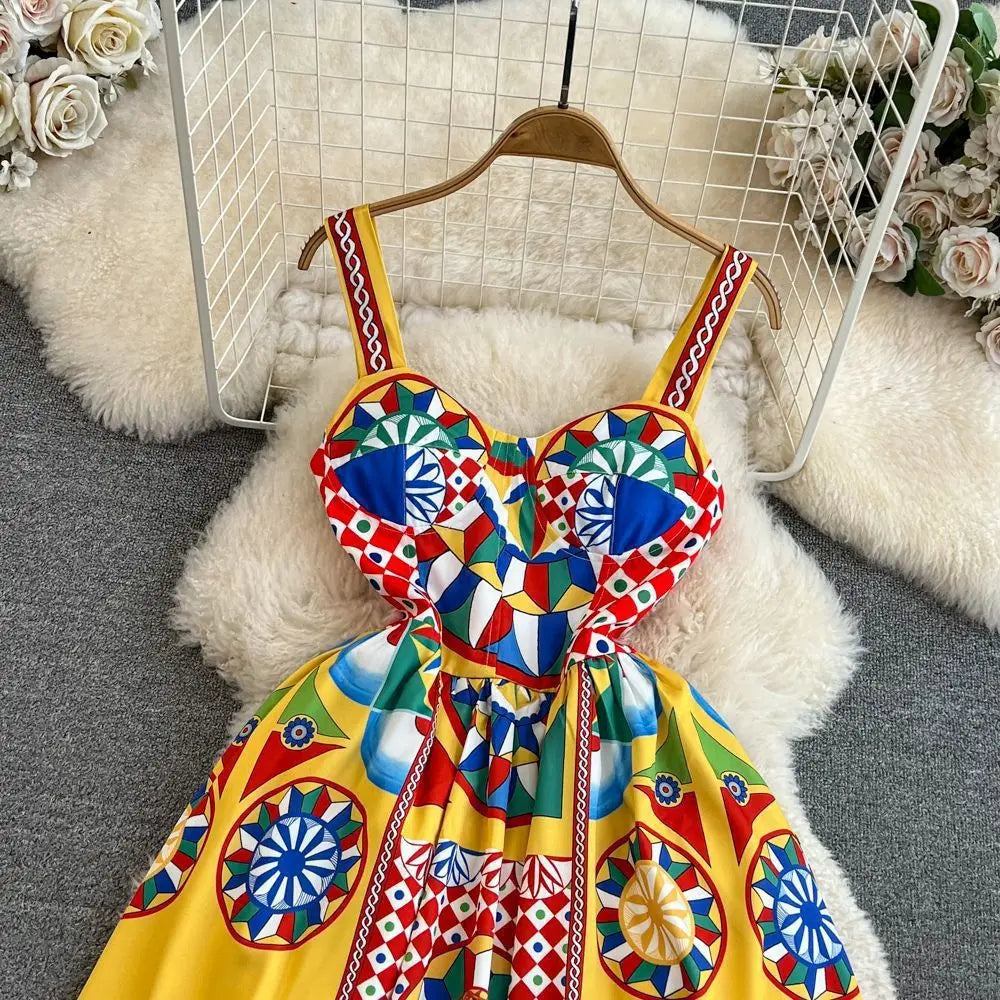 Dress Women Long Dresses Sling Strapless Sleeveless Print Floral A Line Vestidos Streetwear Elegant Splice Y2k High Waist Party