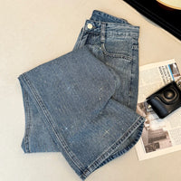 Women's Jeans Spring Retro Washed Diamond-encrusted Design Sense High-waisted Straight-leg Pants Loose Wide-leg Mopping Pants
