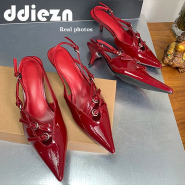 2024 Women Heels Pumps Fashion Footwear Sandals Shoes For Female Shallow Pointed Toe Ladies Thin High Heels Buckle Strap Shoes